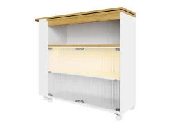 Mueble bar giratorio - Mesa de bar extensible con iluminación LED y puerta corrediza de cristal - 4 compartimentos abiertos - blanco