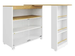 Mueble bar giratorio - Mesa de bar extensible con iluminación LED y puerta corrediza de cristal - 4 compartimentos abiertos - blanco