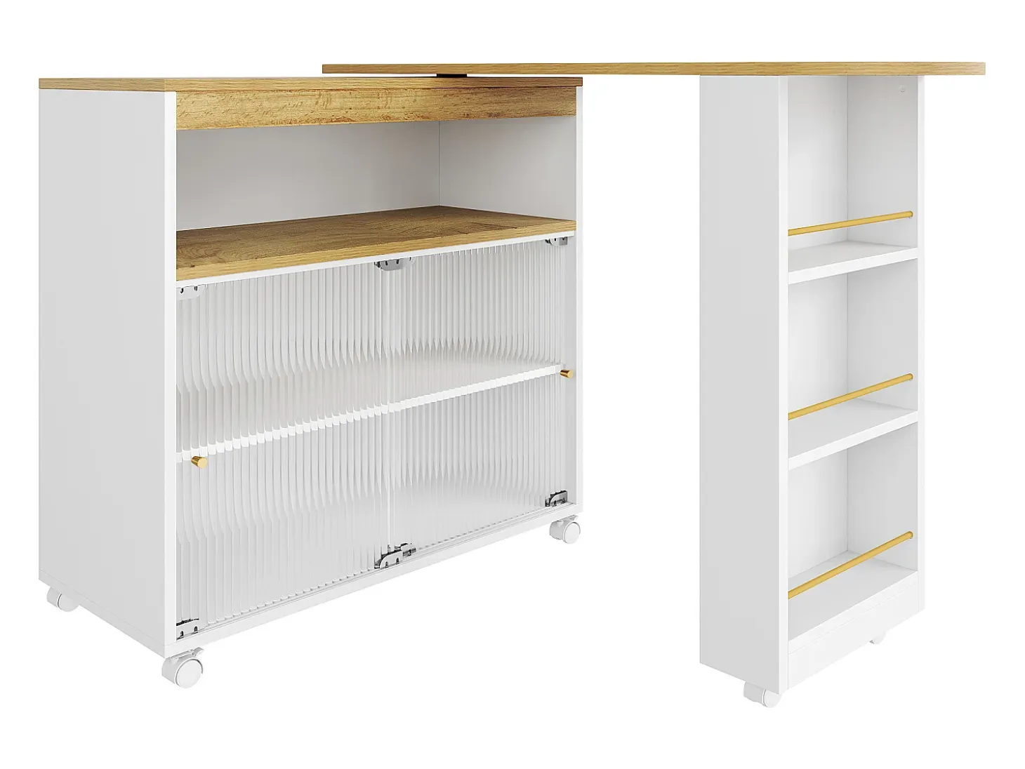 Mueble bar giratorio - Mesa de bar extensible con iluminación LED y puerta corrediza de cristal - 4 compartimentos abiertos - blanco