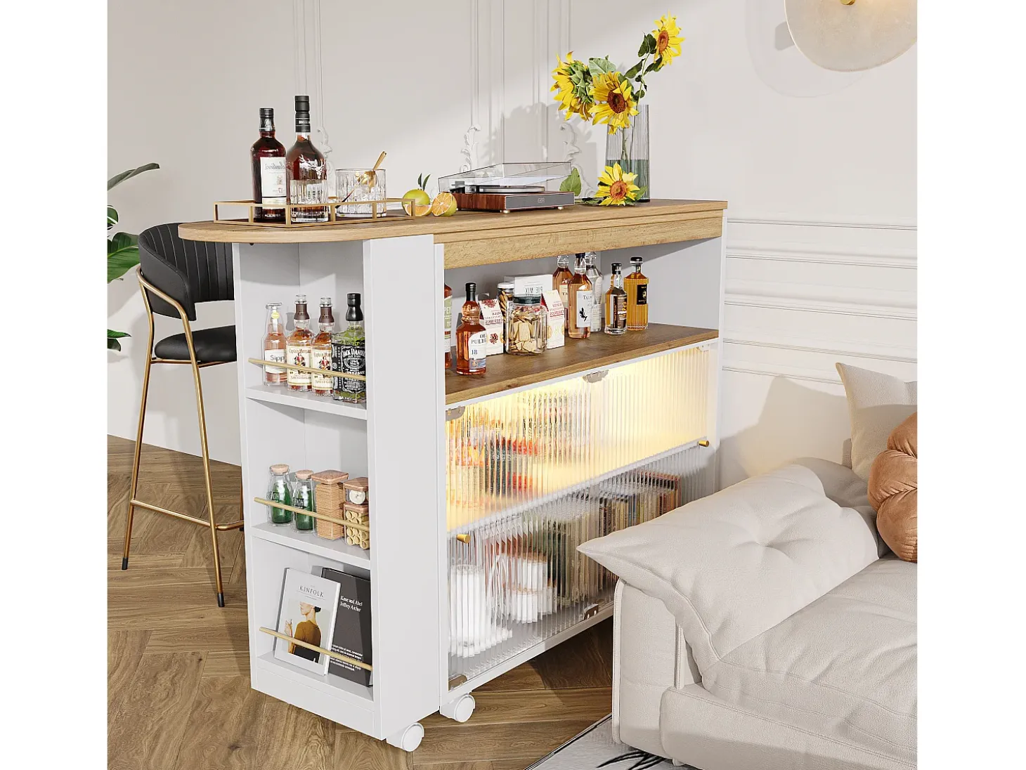 Mueble bar giratorio - Mesa de bar extensible con iluminación LED y puerta corrediza de cristal - 4 compartimentos abiertos - blanco