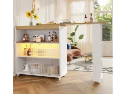 Mueble bar giratorio - Mesa de bar extensible con iluminación LED y puerta corrediza de cristal - 4 compartimentos abiertos - blanco