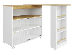 Mueble bar giratorio - Mesa de bar extensible con iluminación LED y puerta corrediza de cristal - 4 compartimentos abiertos - blanco