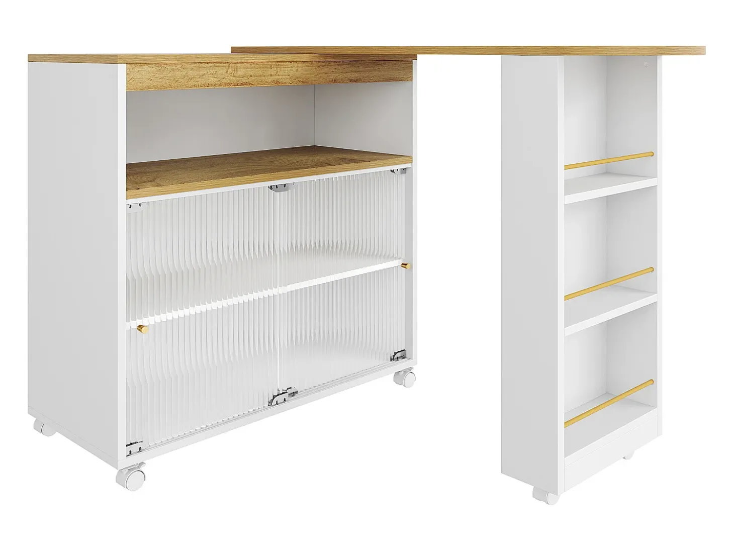 Mueble bar giratorio - Mesa de bar extensible con iluminación LED y puerta corrediza de cristal - 4 compartimentos abiertos - blanco