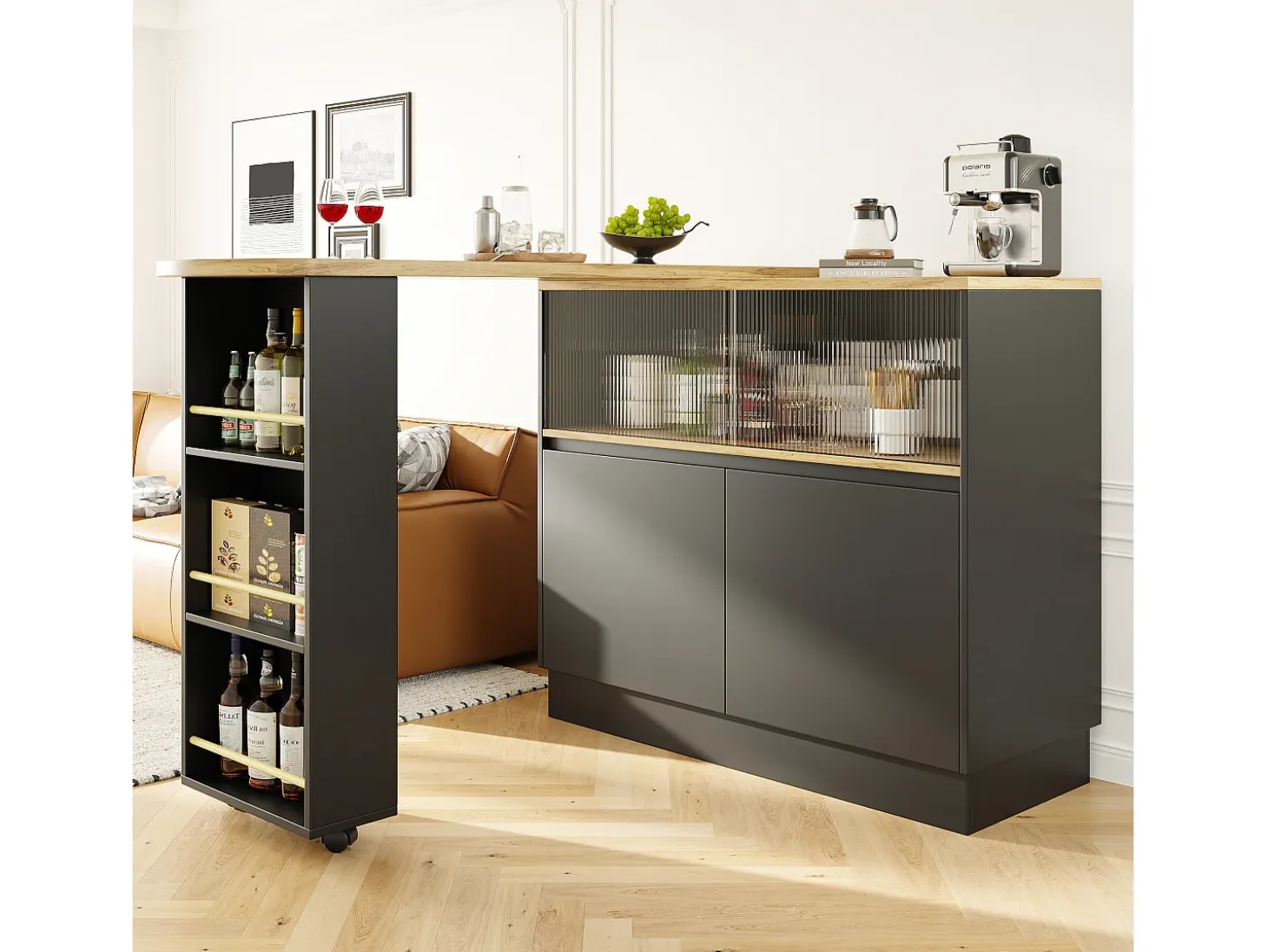 Mueble bar giratorio con almacenaje - Madera MDF y cristal - Negro y natural claro