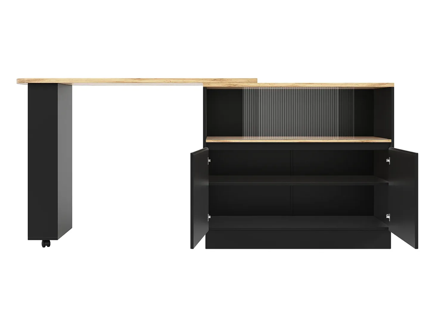 Mueble bar giratorio con almacenaje - Madera MDF y cristal - Negro y natural claro