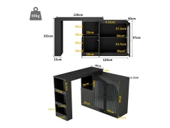 Mueble bar giratorio con 3 puertas, 2 de ellas de cristal, estantes abiertos incluidos, cuerpo negro - 120x40x103cm