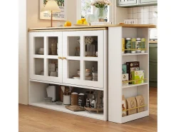 Mueble bar giratorio con 2 puertas de cristal y 1 nicho, cuerpo blanco, tapa chapada en imitación madera - 204x39x102,5cm