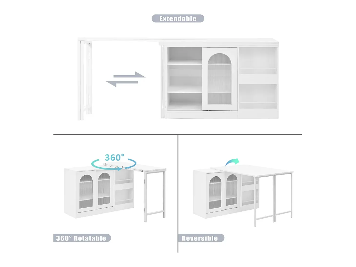 Mueble bar giratorio con 2 puertas de cristal - Tapa reversible - Blanco