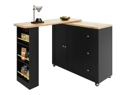 Mueble bar giratorio con ruedas, 2 puertas, 3 cajones y estantes, tablero chapado en madera natural clara, cuerpo negro - 209x39x106cm