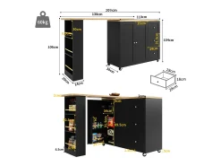 Mueble bar giratorio con ruedas, 2 puertas, 3 cajones y estantes, tablero chapado en madera natural clara, cuerpo negro - 209x39x106cm