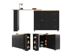 Mueble bar giratorio con ruedas, 2 puertas, 3 cajones y estantes, tablero chapado en madera natural clara, cuerpo negro - 209x39x106cm
