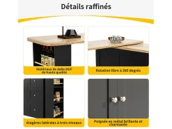 Mueble bar giratorio con ruedas, 2 puertas, 3 cajones y estantes, tablero chapado en madera natural clara, cuerpo negro - 209x39x106cm