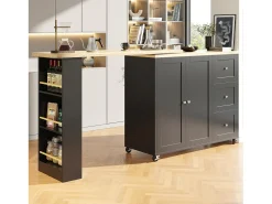 Mueble bar giratorio con ruedas, 2 puertas, 3 cajones y estantes, tablero chapado en madera natural clara, cuerpo negro - 209x39x106cm