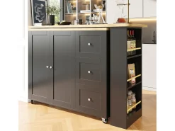 Mueble bar giratorio con ruedas, 2 puertas, 3 cajones y estantes, tablero chapado en madera natural clara, cuerpo negro - 209x39x106cm