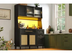 Mueble buffet con LED, 3 tiroirs, étagères réglables, ratán PE, MDF, negro (120x45x195,5 cm)