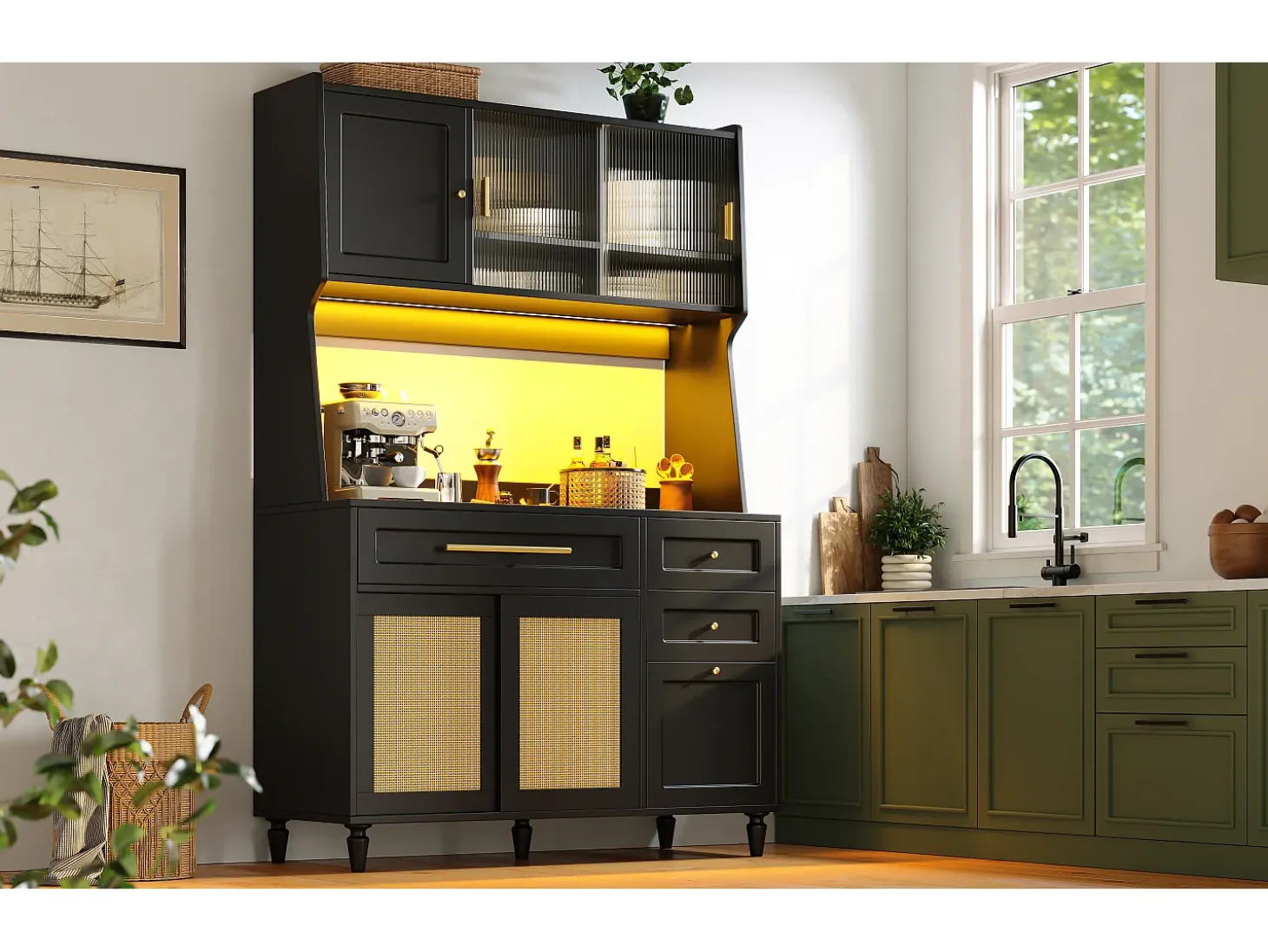 Mueble buffet con LED, 3 tiroirs, étagères réglables, ratán PE, MDF, negro (120x45x195,5 cm)