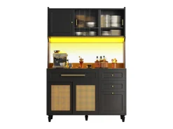 Mueble buffet con LED, 3 tiroirs, étagères réglables, ratán PE, MDF, negro (120x45x195,5 cm)