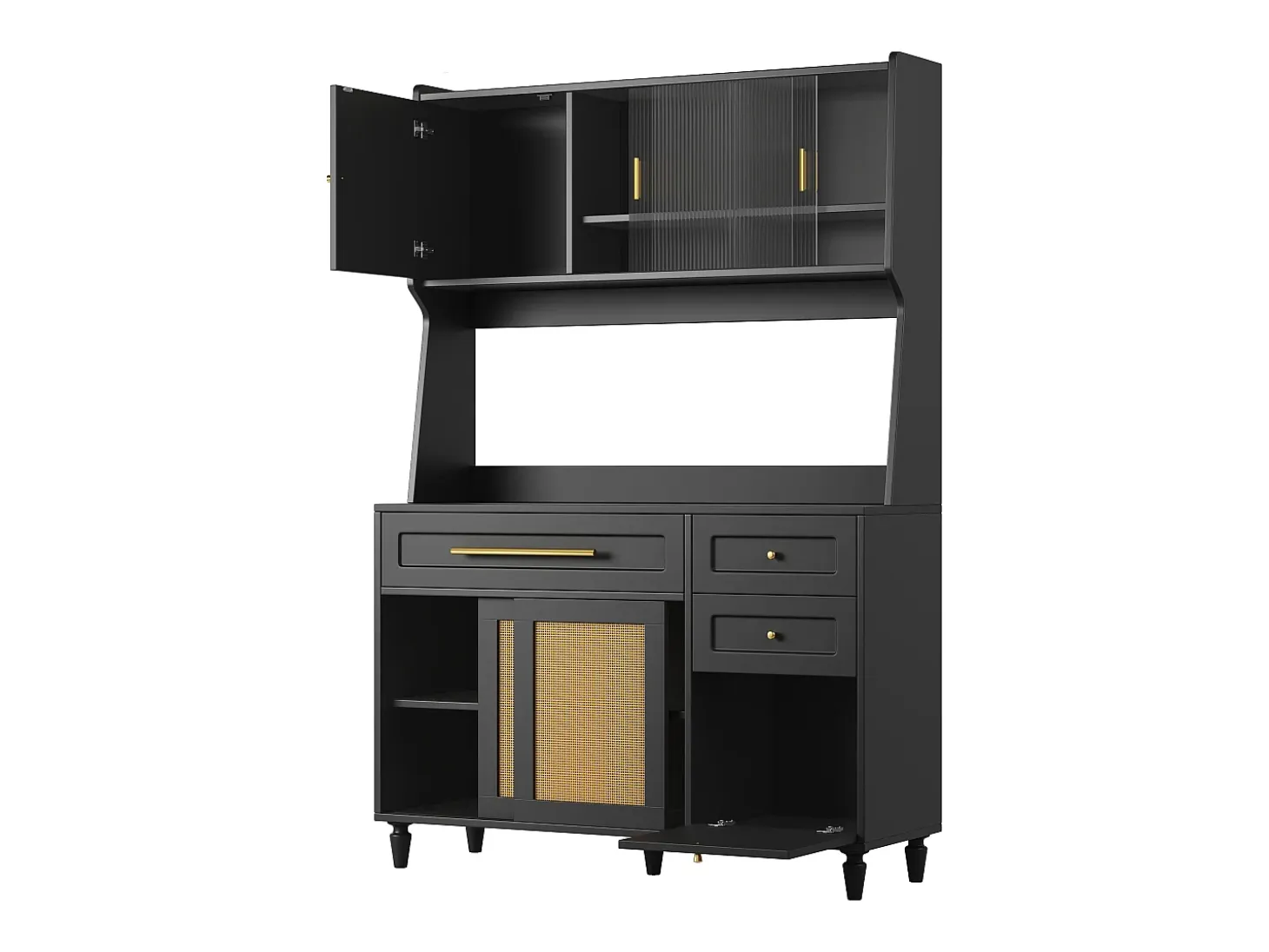 Mueble buffet con LED, 3 tiroirs, étagères réglables, ratán PE, MDF, negro (120x45x195,5 cm)