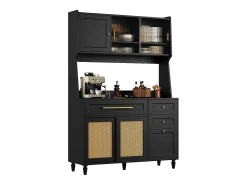 Mueble buffet con LED, 3 tiroirs, étagères réglables, ratán PE, MDF, negro (120x45x195,5 cm)