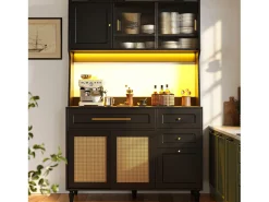 Mueble buffet con LED, 3 tiroirs, étagères réglables, ratán PE, MDF, negro (120x45x195,5 cm)