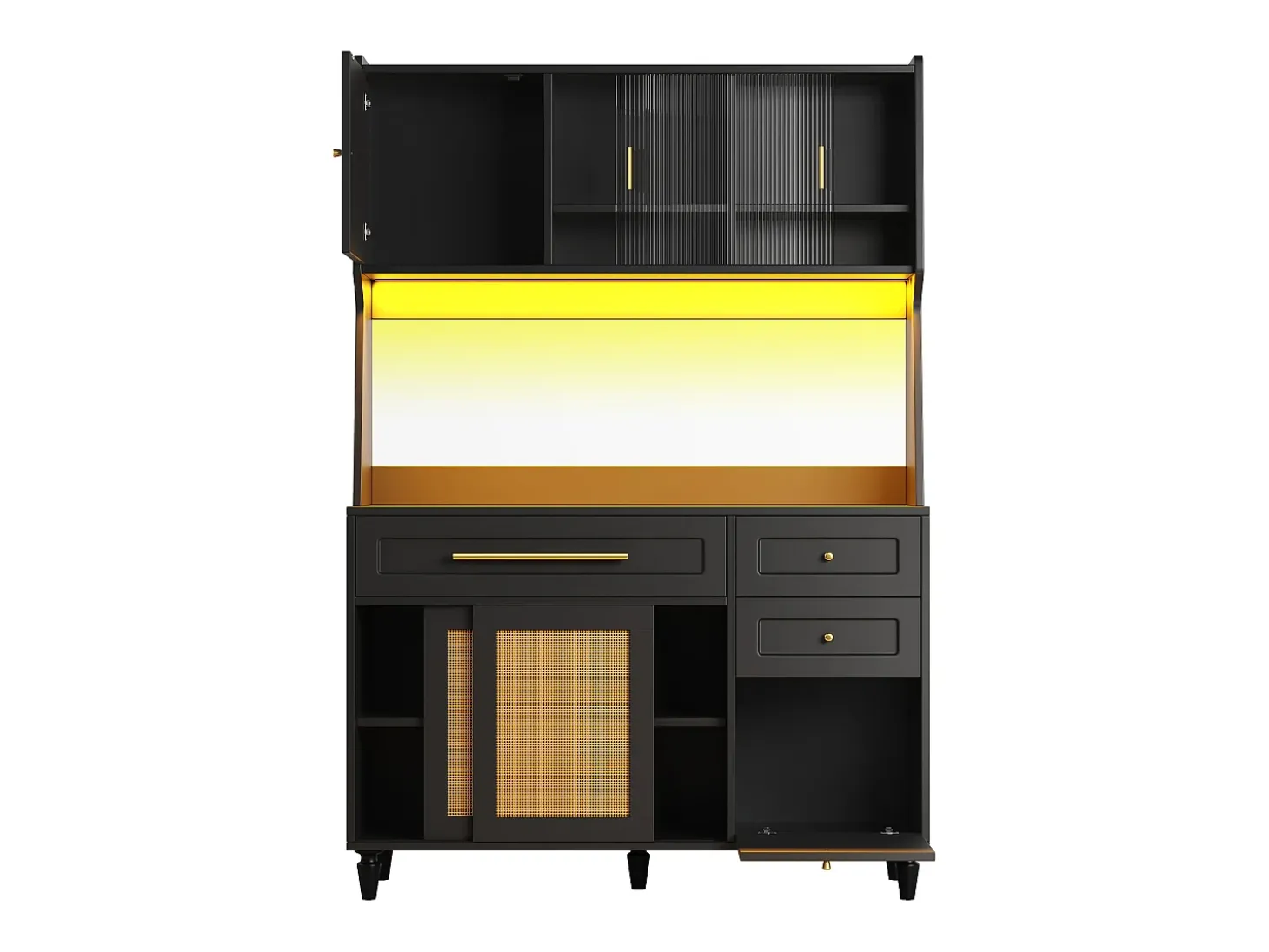 Mueble buffet con LED, 3 tiroirs, étagères réglables, ratán PE, MDF, negro (120x45x195,5 cm)