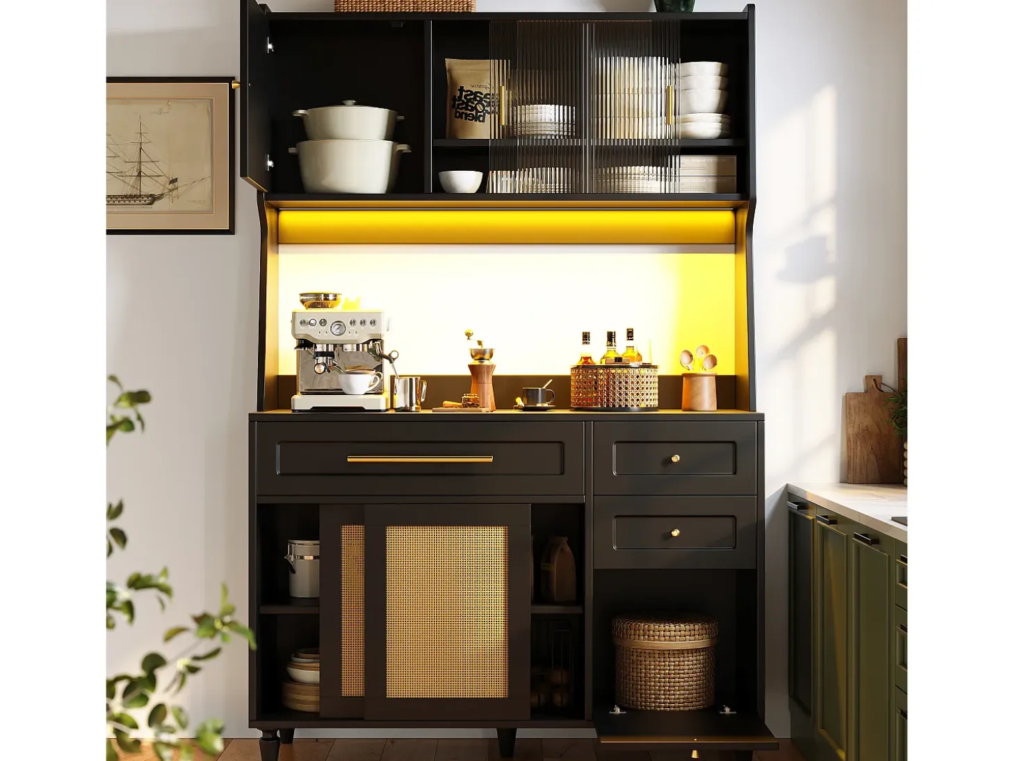 Mueble buffet con LED, 3 tiroirs, étagères réglables, ratán PE, MDF, negro (120x45x195,5 cm)