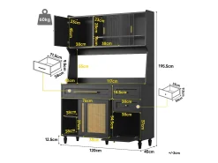 Mueble buffet con LED, 3 tiroirs, étagères réglables, ratán PE, MDF, negro (120x45x195,5 cm)