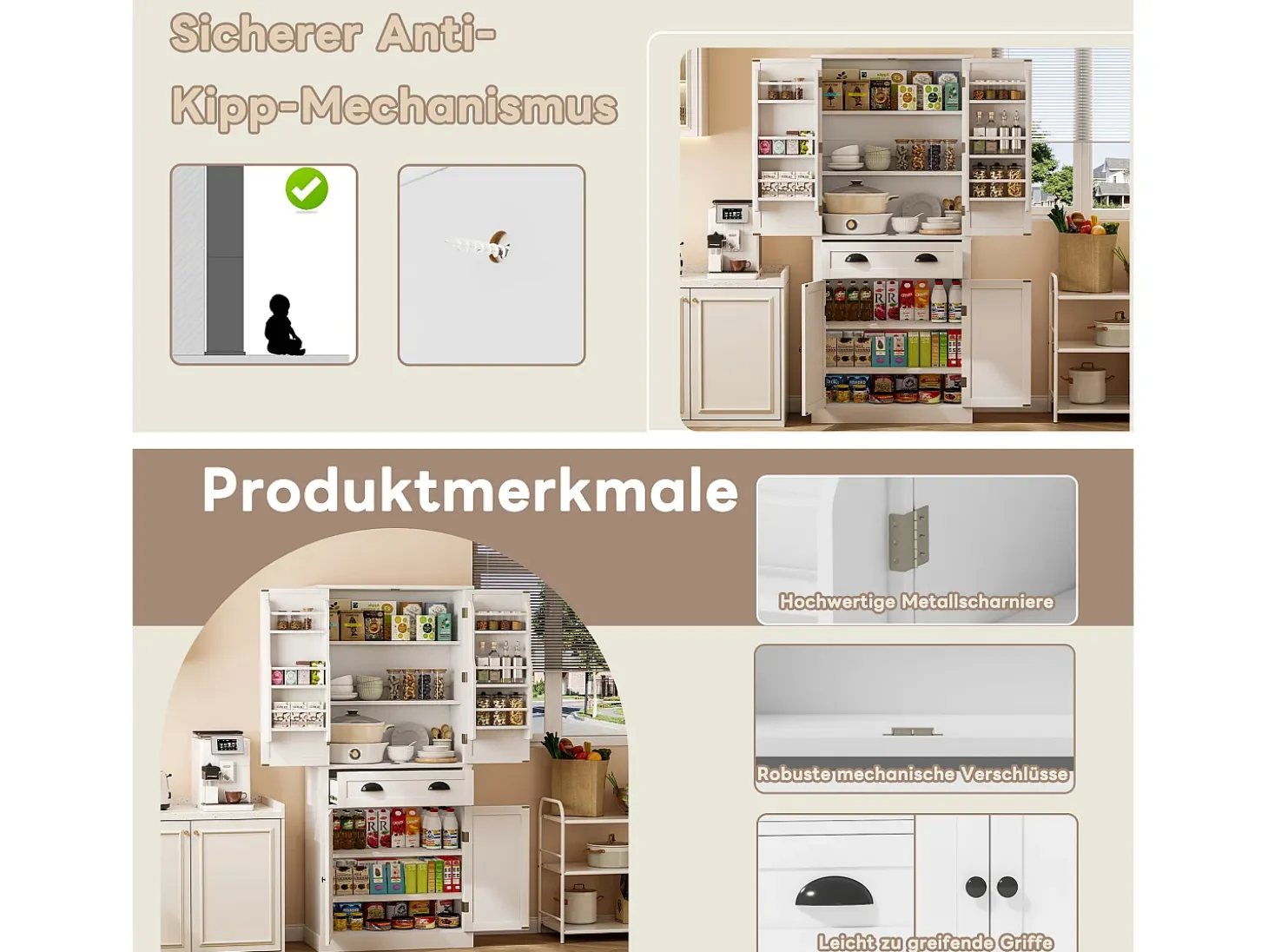 Mueble de almacenaje de 182 cm, con 4 puertas y 1 cajón, estante regulable, MDF, blanco (80x40x182 cm)