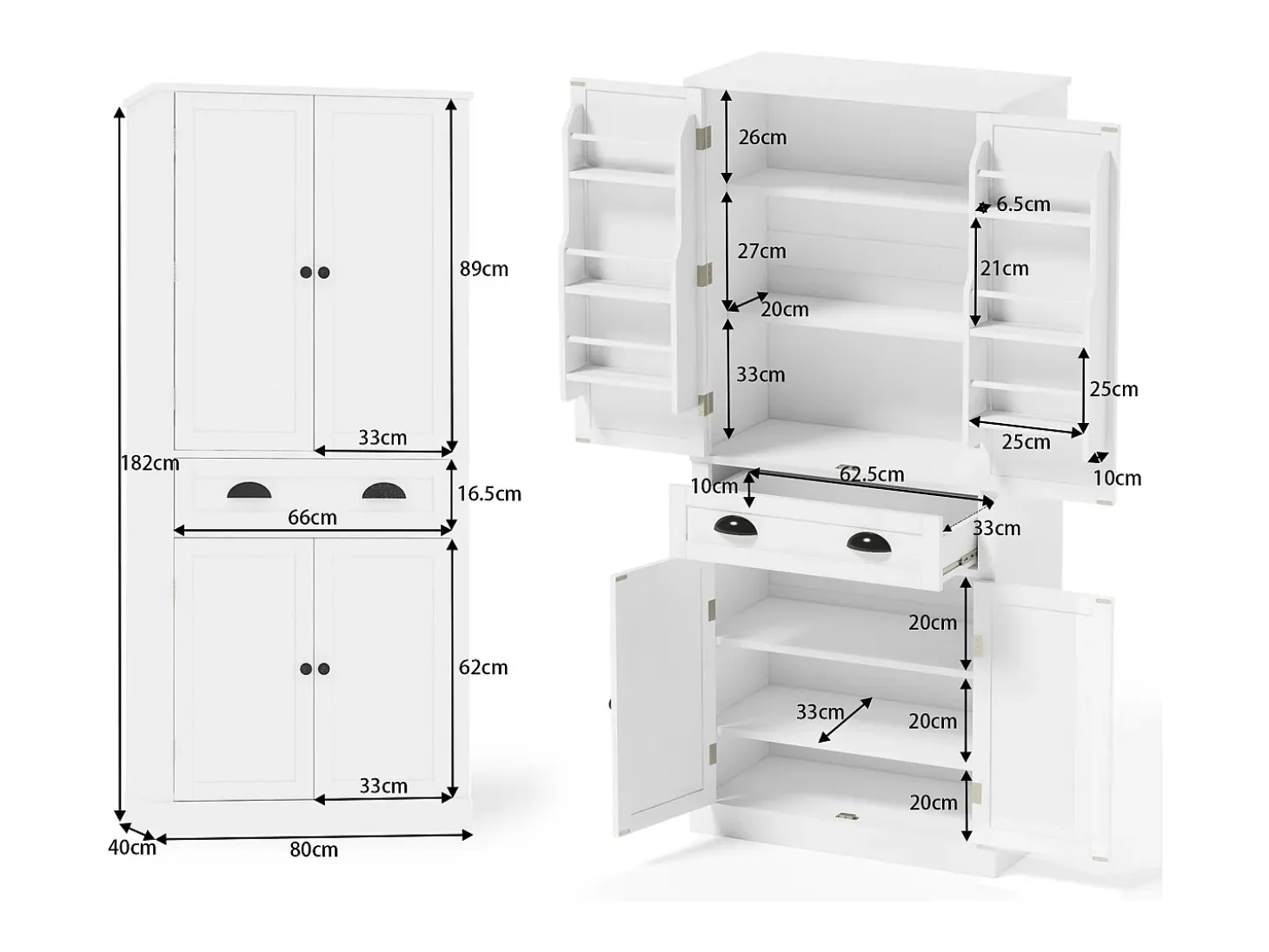 Mueble de almacenaje de 182 cm, con 4 puertas y 1 cajón, estante regulable, MDF, blanco (80x40x182 cm)