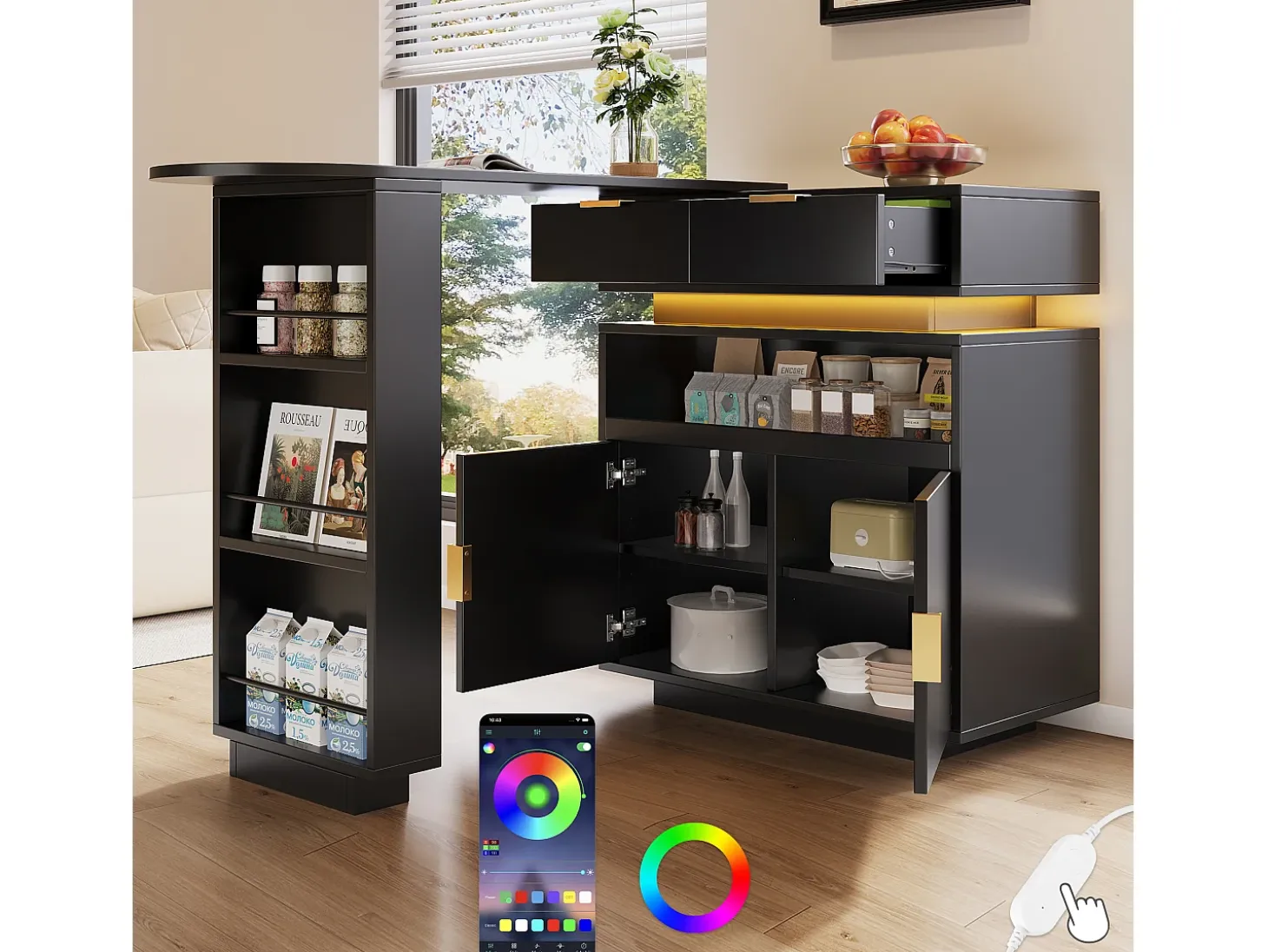 Mueble de bar - con iluminación LED - rotación a 360° - con espacio de almacenamiento - negro