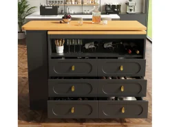Mueble de bar de cocina extensible - y rotación 360° - 203x39x90 cm - 6 cajones - con estantes laterales - Negro