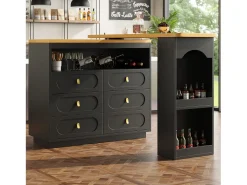 Mueble de bar de cocina extensible - y rotación 360° - 203x39x90 cm - 6 cajones - con estantes laterales - Negro