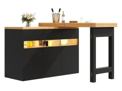 Mueble de bar de cocina extensible - con iluminación LED - mesa grande - y rotación 360° - 180x79.5x71.5 cm - 3 puertas - Negro