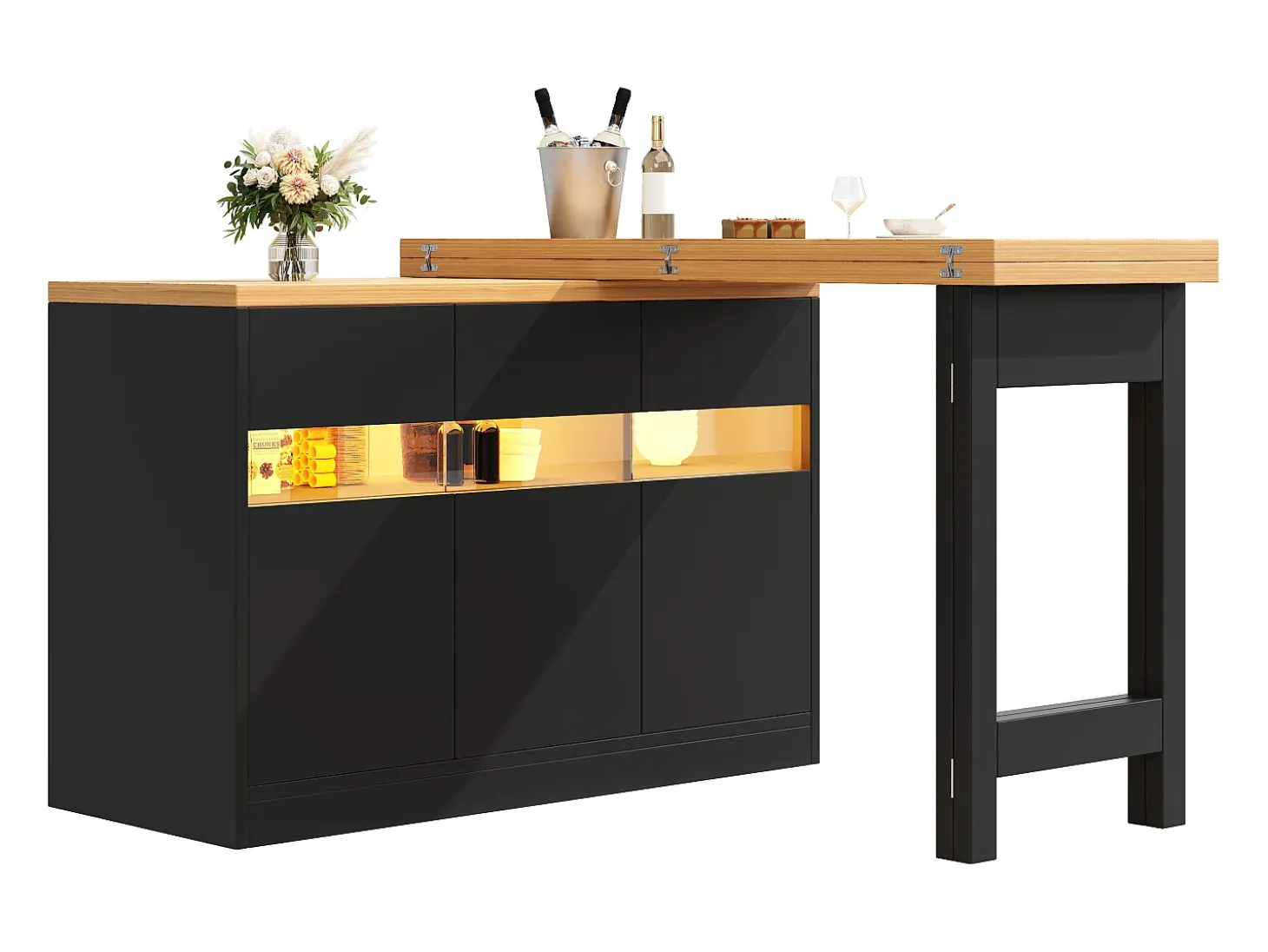 Mueble de bar de cocina extensible - con iluminación LED - mesa grande - y rotación 360° - 180x79.5x71.5 cm - 3 puertas - Negro
