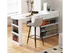 Mueble de bar de cocina extensible - y rotación 360° - con toma de corriente - con espacio de almacenamiento e iluminación LED - con estantes laterales - Blanco