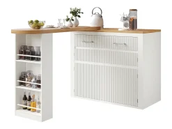 Mueble de bar de cocina extensible - con rotación 360° - 215x39x103cm - 2 puertas, 2 cajones - con estantes laterales - Blanco