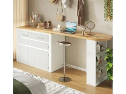 Mueble de bar de cocina extensible - con rotación 360° - 215x39x103cm - 2 puertas, 2 cajones - con estantes laterales - Blanco