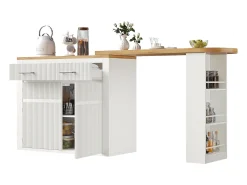 Mueble de bar de cocina extensible - con rotación 360° - 215x39x103cm - 2 puertas, 2 cajones - con estantes laterales - Blanco