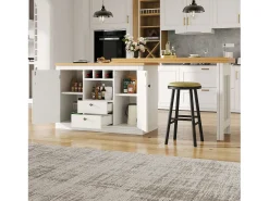 Mueble de bar de cocina extensible - y rotación 360° - mesa grande - 180x79.5x71.5 cm - 2 cajones y 2 puertas - 3 portabotellas - Blanco