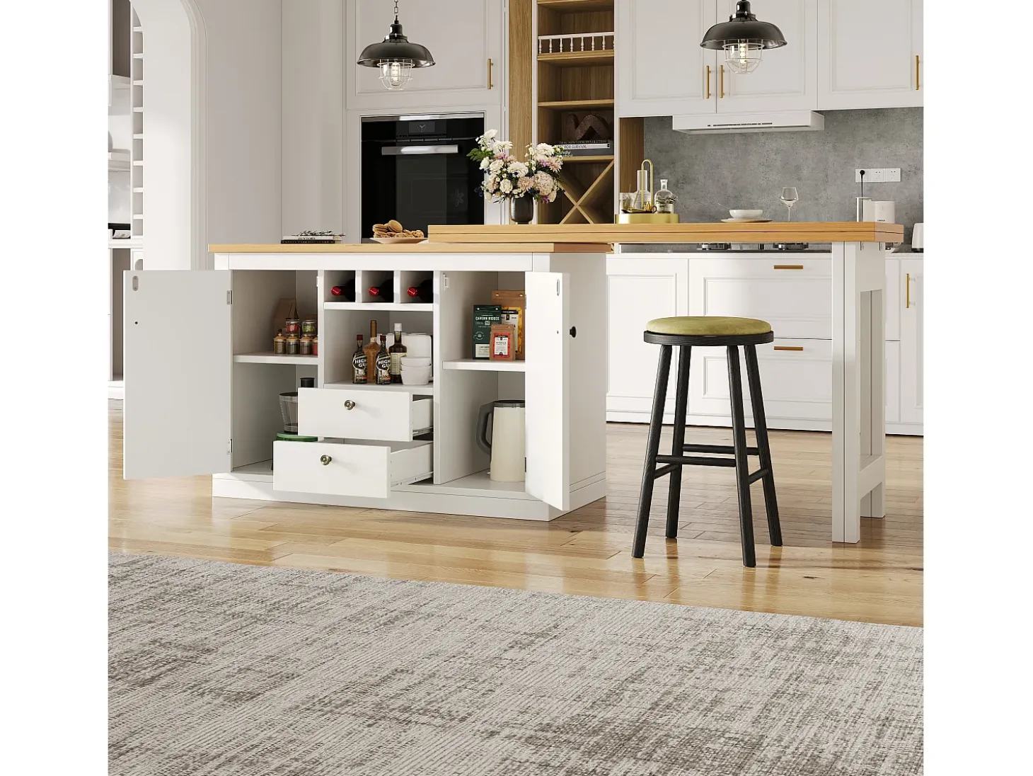 Mueble de bar de cocina extensible - y rotación 360° - mesa grande - 180x79.5x71.5 cm - 2 cajones y 2 puertas - 3 portabotellas - Blanco