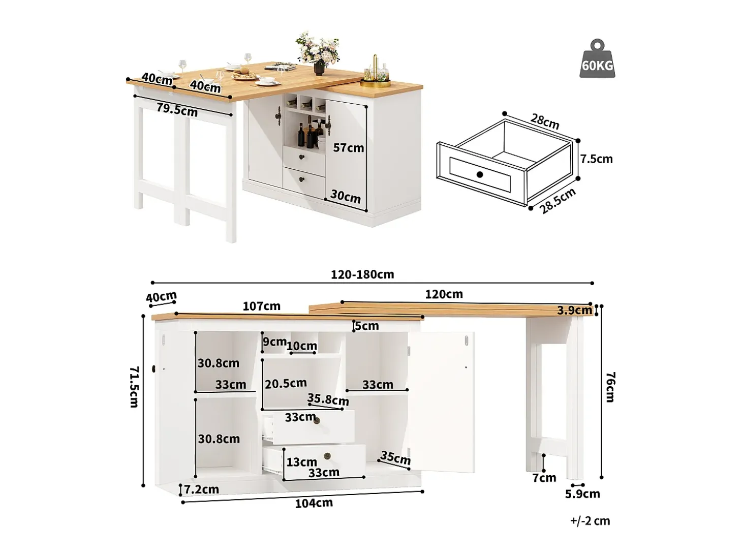 Mueble de bar de cocina extensible - y rotación 360° - mesa grande - 180x79.5x71.5 cm - 2 cajones y 2 puertas - 3 portabotellas - Blanco