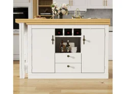 Mueble de bar de cocina extensible - y rotación 360° - mesa grande - 180x79.5x71.5 cm - 2 cajones y 2 puertas - 3 portabotellas - Blanco