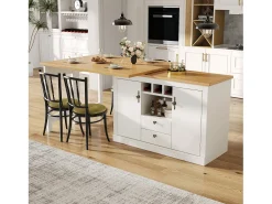 Mueble de bar de cocina extensible - y rotación 360° - mesa grande - 180x79.5x71.5 cm - 2 cajones y 2 puertas - 3 portabotellas - Blanco