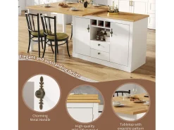 Mueble de bar de cocina extensible - y rotación 360° - mesa grande - 180x79.5x71.5 cm - 2 cajones y 2 puertas - 3 portabotellas - Blanco
