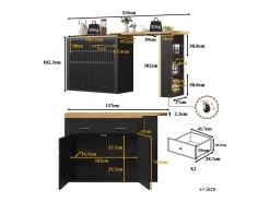Mueble de bar de cocina extensible - con rotación 360° - 215x39x103cm - 2 puertas, 2 cajones - con estantes laterales - Negro