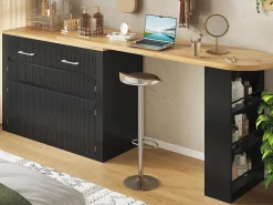 Mueble de bar de cocina extensible - con rotación 360° - 215x39x103cm - 2 puertas, 2 cajones - con estantes laterales - Negro