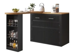 Mueble de bar de cocina extensible - con rotación 360° - 215x39x103cm - 2 puertas, 2 cajones - con estantes laterales - Negro