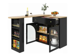Mueble de bar giratorio 360° y plegable - con 1 cajón y 2 puertas - estantes abiertos - negro + natural