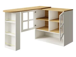 Mueble de bar giratorio 360° y plegable - con 2 puertas y estantes abiertos - blanco + natural