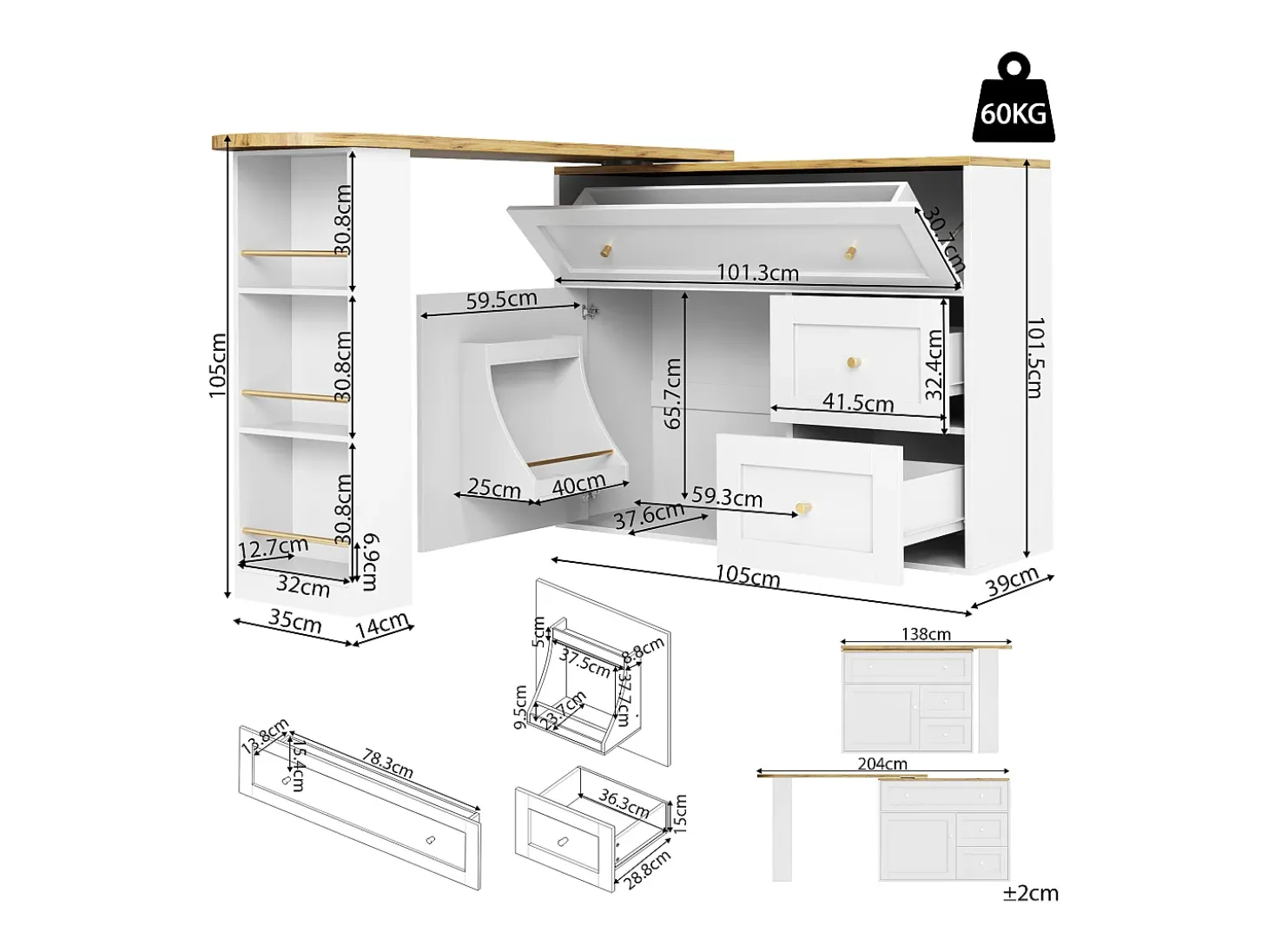 Mueble de bar giratorio moderno 360° - 204×39×105 cm - 2 cajones y 2 puertas - con estantes laterales - mesa extensible - blanco